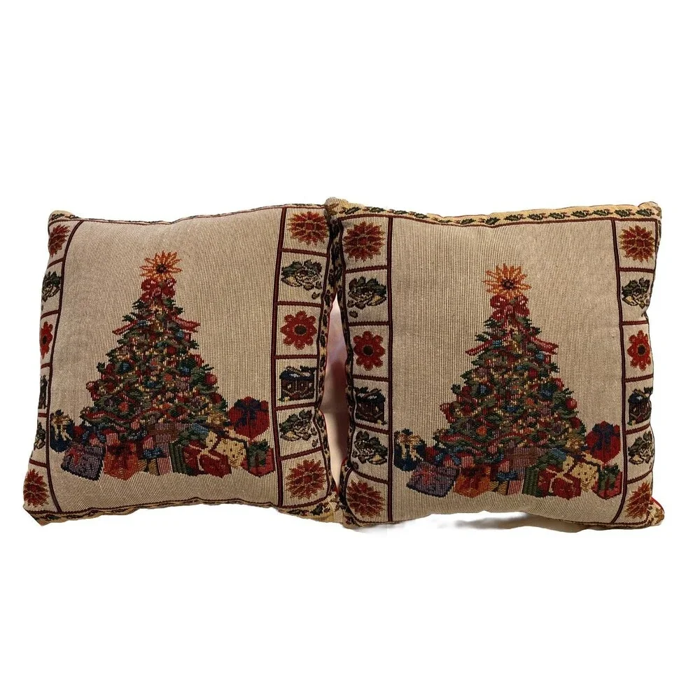 Vintage Tapestry Pillows Christmas tree with presents Square  12”x12”x4” (2)